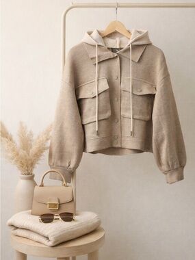 Neutral Beige Removable Hooded Knitted Jacket